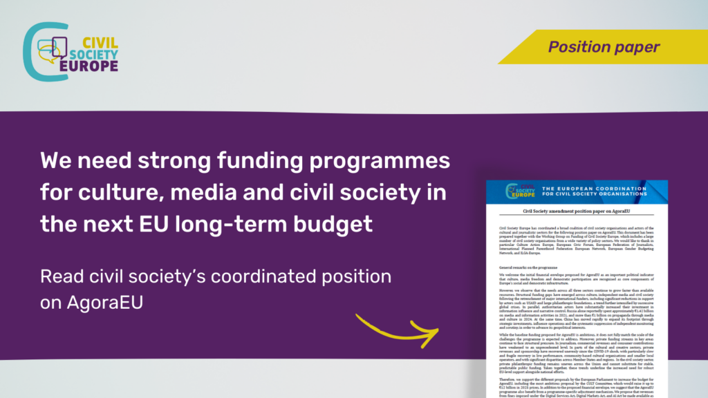 "We need strong funding programmes for culture, media and civil society in the next EU long-term budget. Read civil society's coordinated position on AgoraEU"